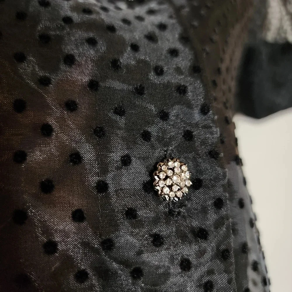 NWT Zara Jewel Button Black Sheer Velvet Dot Puff Sleeve Blouse Top Size Small